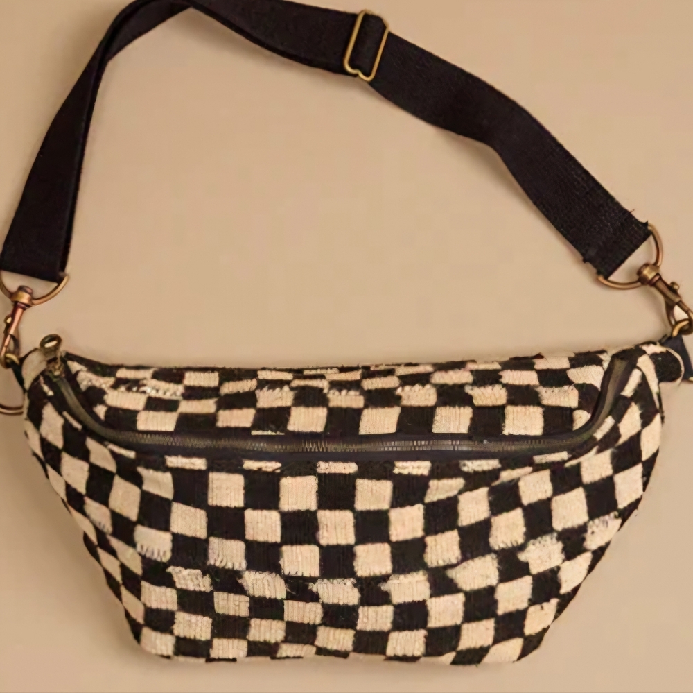 NEW- Jenna Bee Handmade Black and Cream Checkered Sling Bag